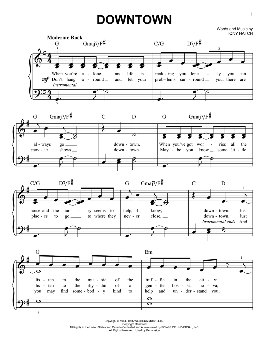 Downtown Downtown Easy Piano scores gallery preview page 1