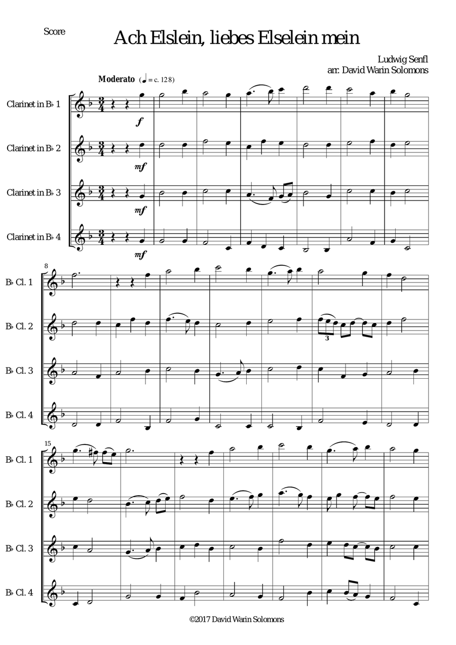 Ach Elslein, liebes Elselein mein for clarinet quartet (4 B flats) Clarinet Quartet scores gallery preview page 1