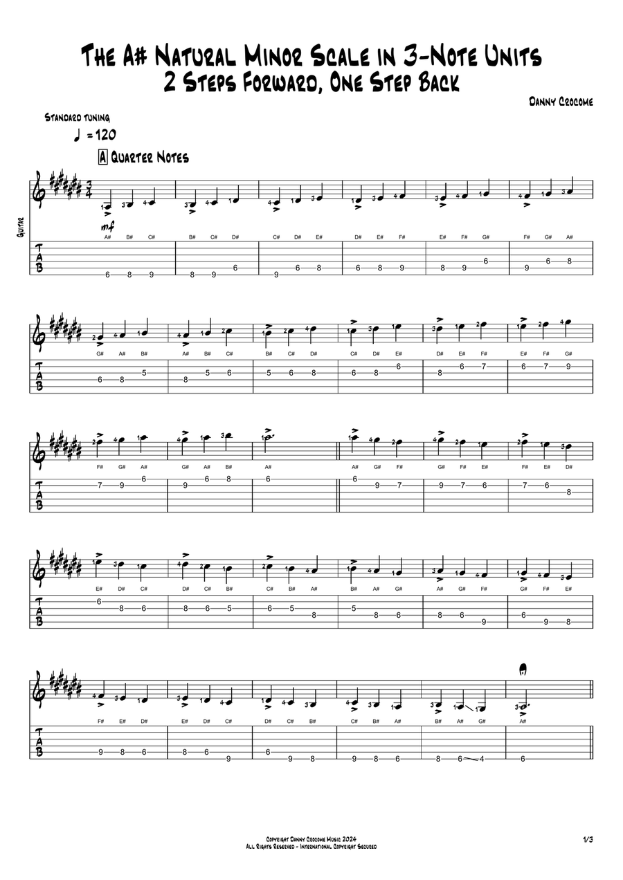 The A# Natural Minor Scale in 3-Note Units (2 Steps Forward, One Step Back)