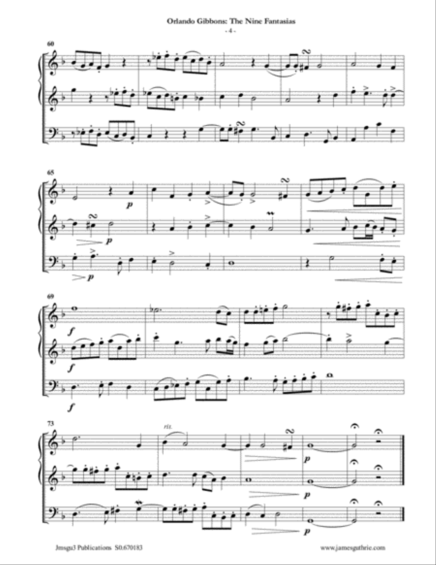 Gibbons: The Nine Fantasias for Violin Duo & Cello String Duet scores gallery preview page 4