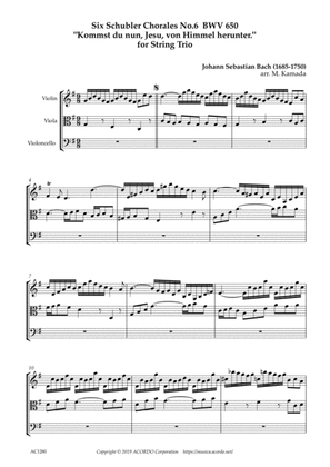 Six Schubler Chorales No.6 BWV 650 "Kommst du nun, Jesu, von Himmel herunter." for String Trio