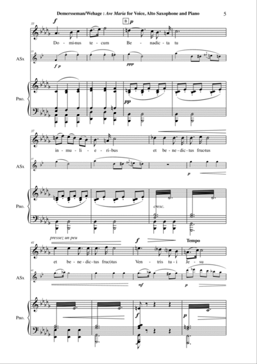 Jules Demersseman : Ave Maria for medium voice, alto saxophone and piano Small Ensemble scores gallery preview page 5