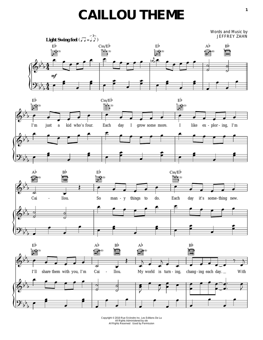 Caillou Theme Piano, Vocal, Guitar scores gallery preview page 1