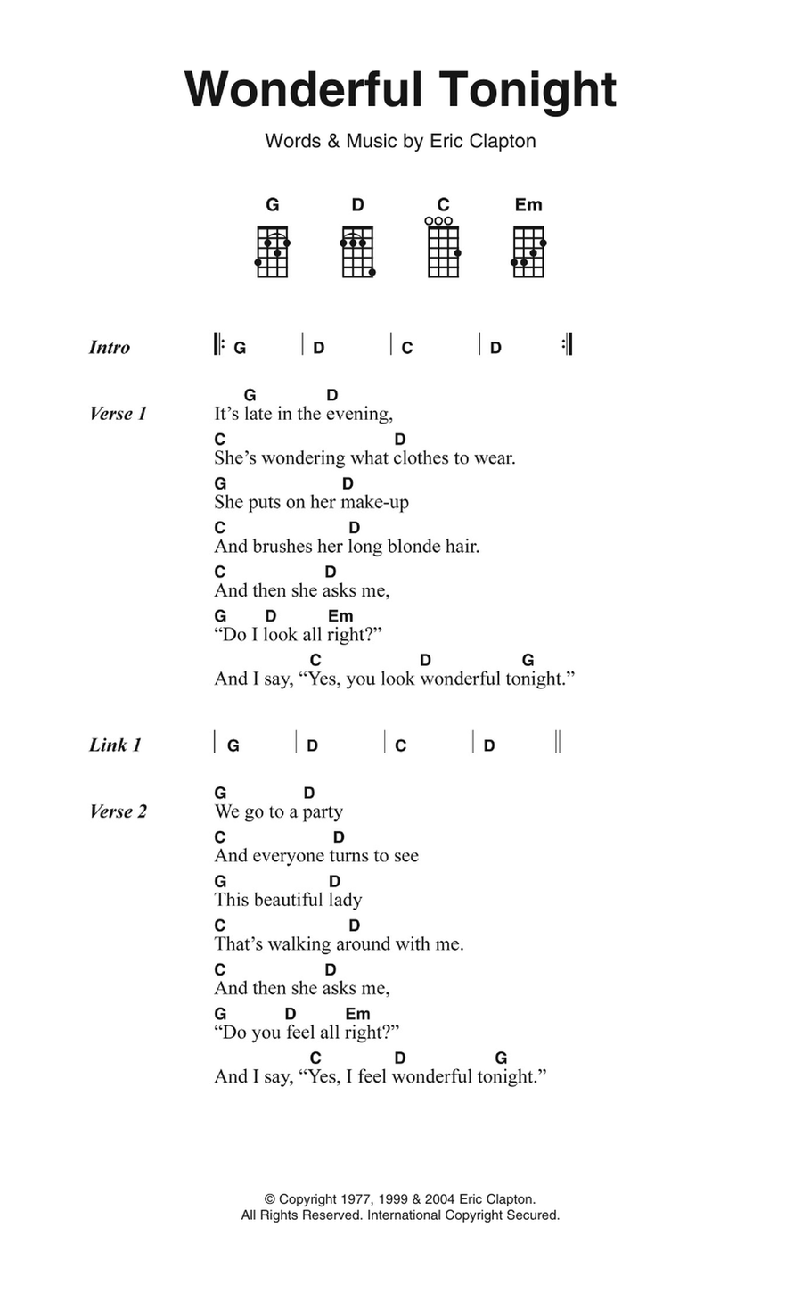 Wonderful Tonight Piano, Vocal scores gallery preview page 1