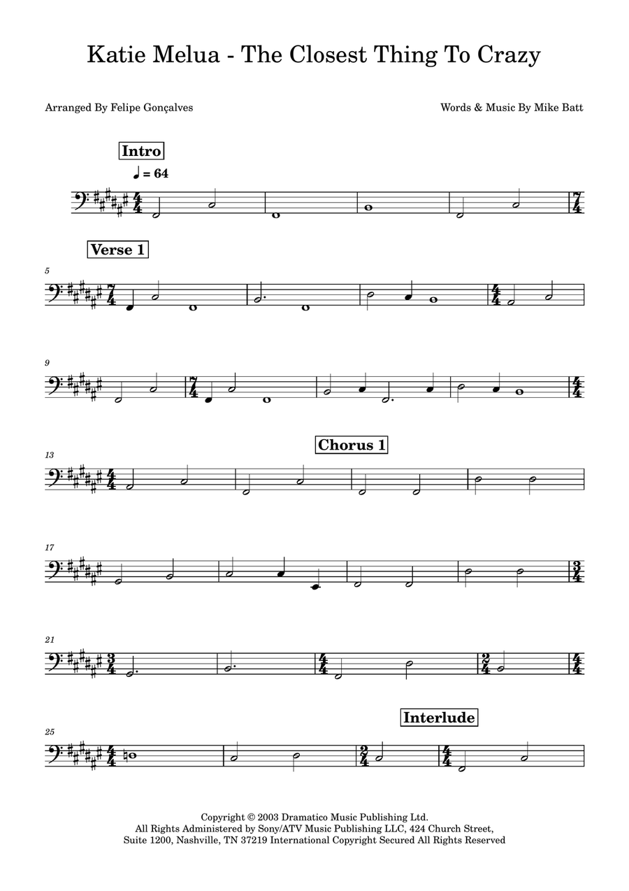 The Closest Thing To Crazy Bass Guitar scores gallery preview page 1
