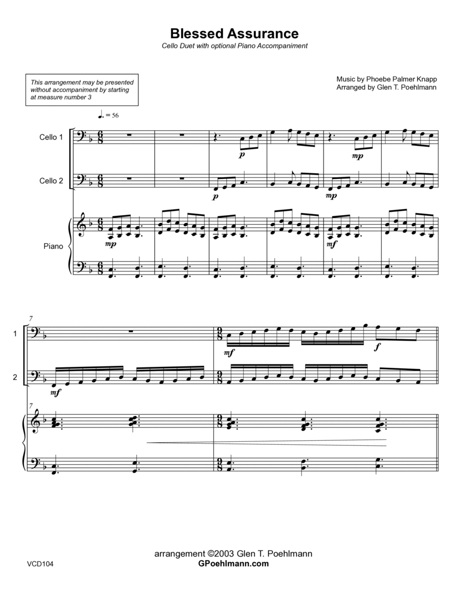 BLESSED ASSURANCE - CELLO DUET with optional Piano Accompaniment String Duet scores gallery preview page 1
