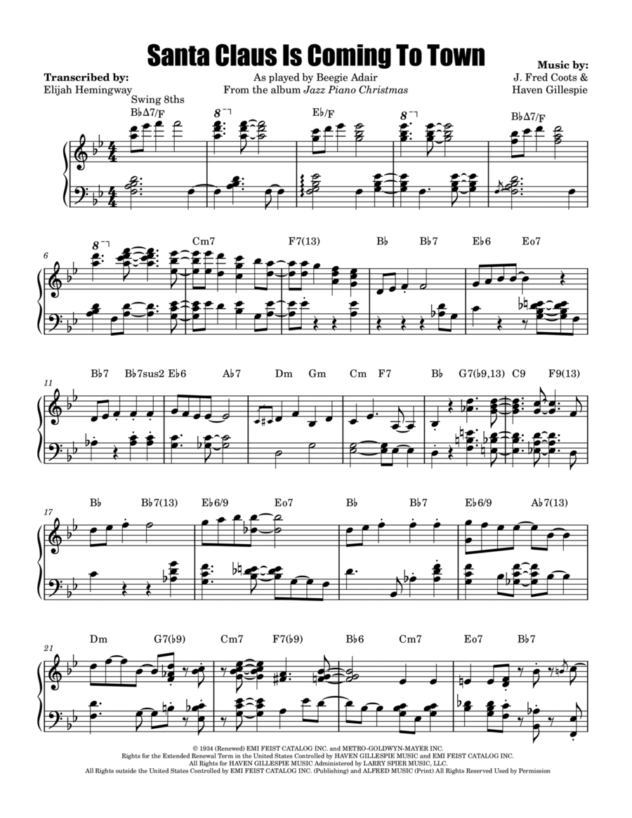 Santa Claus Is Comin' To Town Piano Solo scores gallery preview page 1