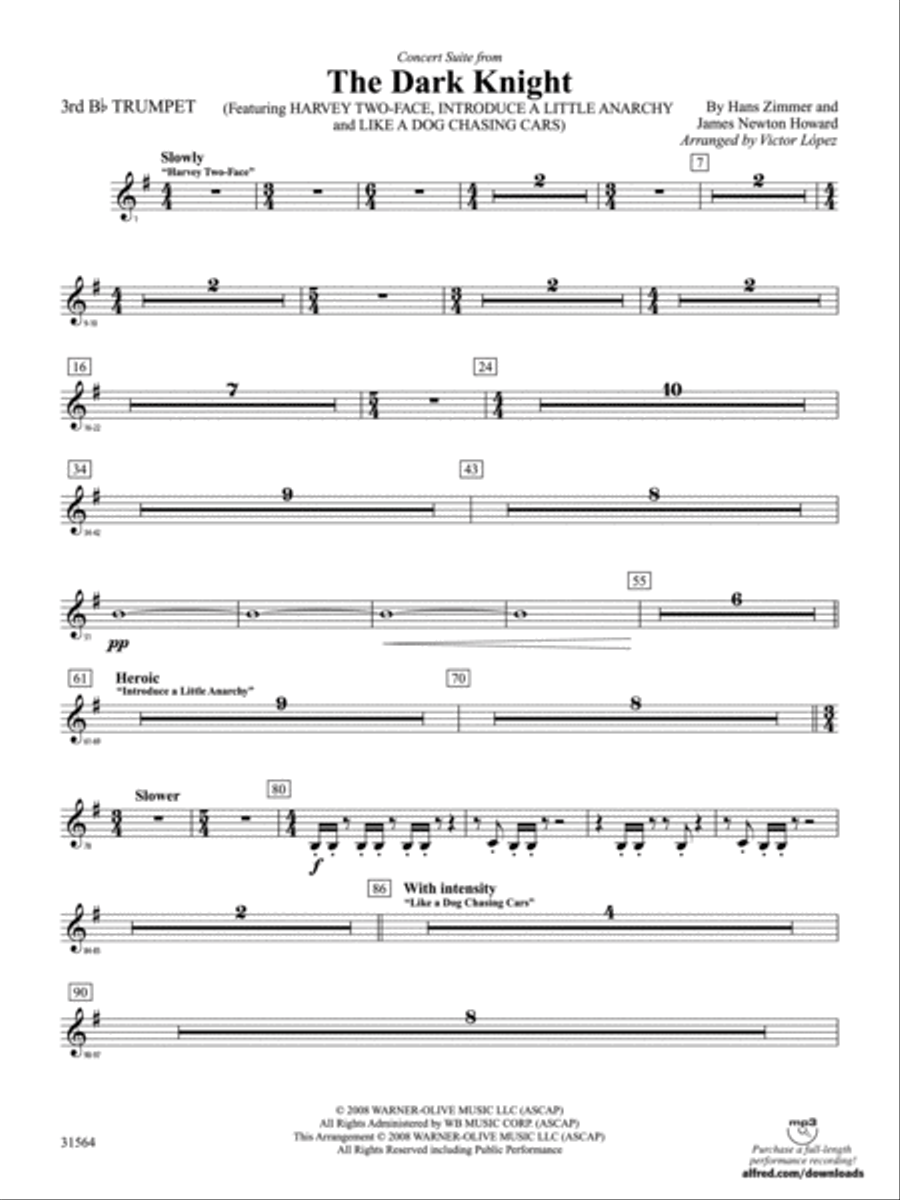 Book cover for The Dark Knight, Concert Suite from: 3rd B-flat Trumpet
