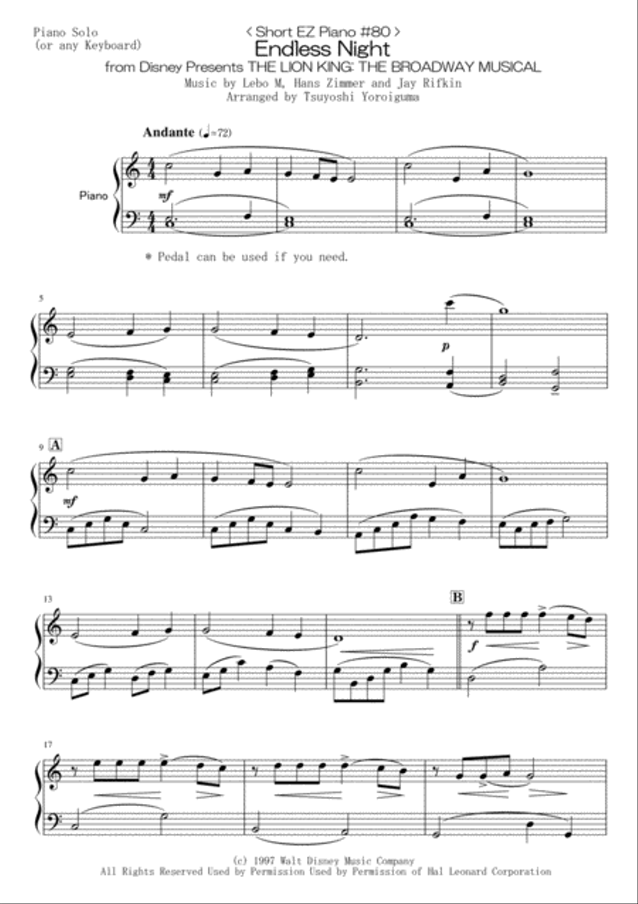 Endless Night Disney Presents THE LION KING: THE BROADWAY MUSICAL Easy Piano scores gallery preview page 1