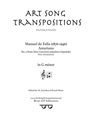 Book cover for DE FALLA: Asturiana (transposed to G minor)