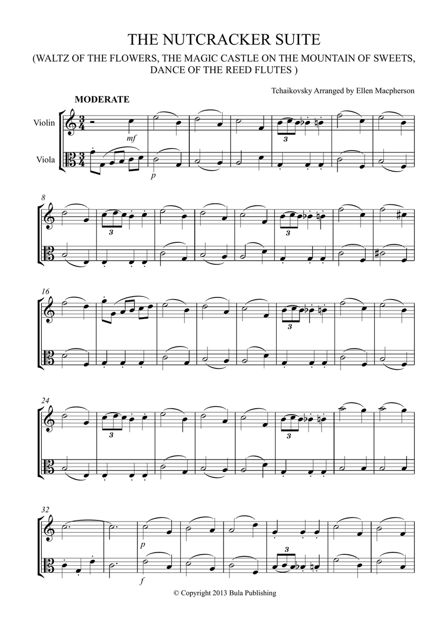 THE NUTCRACKER SUITE - VIOLIN & VIOLA DUET - (Waltz of the Flowers, The Magic Castle on the Mountain String Duet scores gallery preview page 1