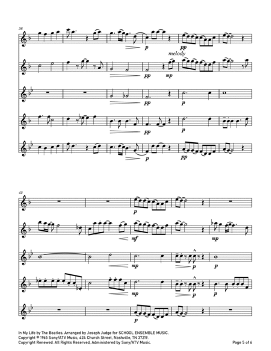 In My Life Saxophone Quartet scores gallery preview page 5