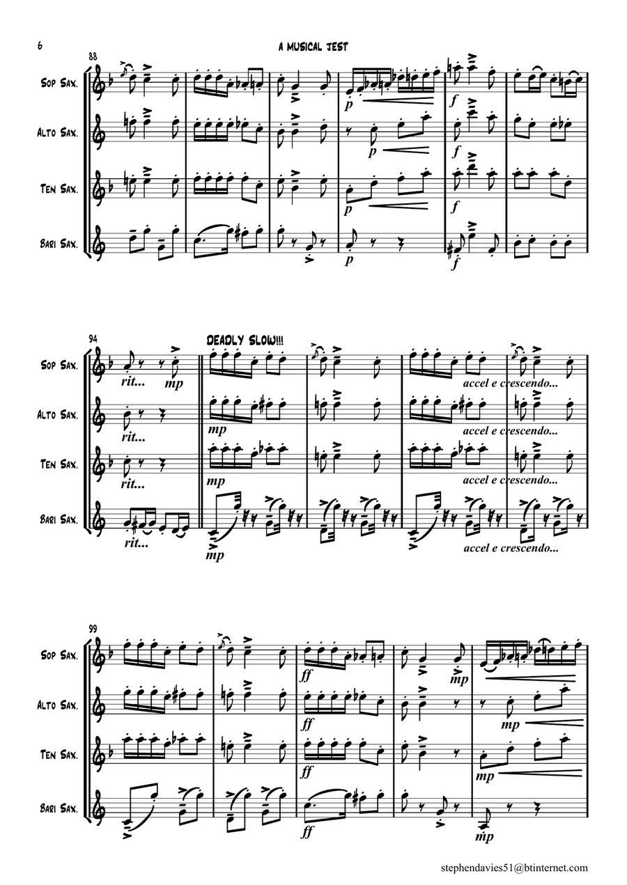 'A Musical Jest' By Alfredo D'ambrosio, Saxophone Quartet, a bit of fun for 4 players! Saxophone Quartet scores gallery preview page 6