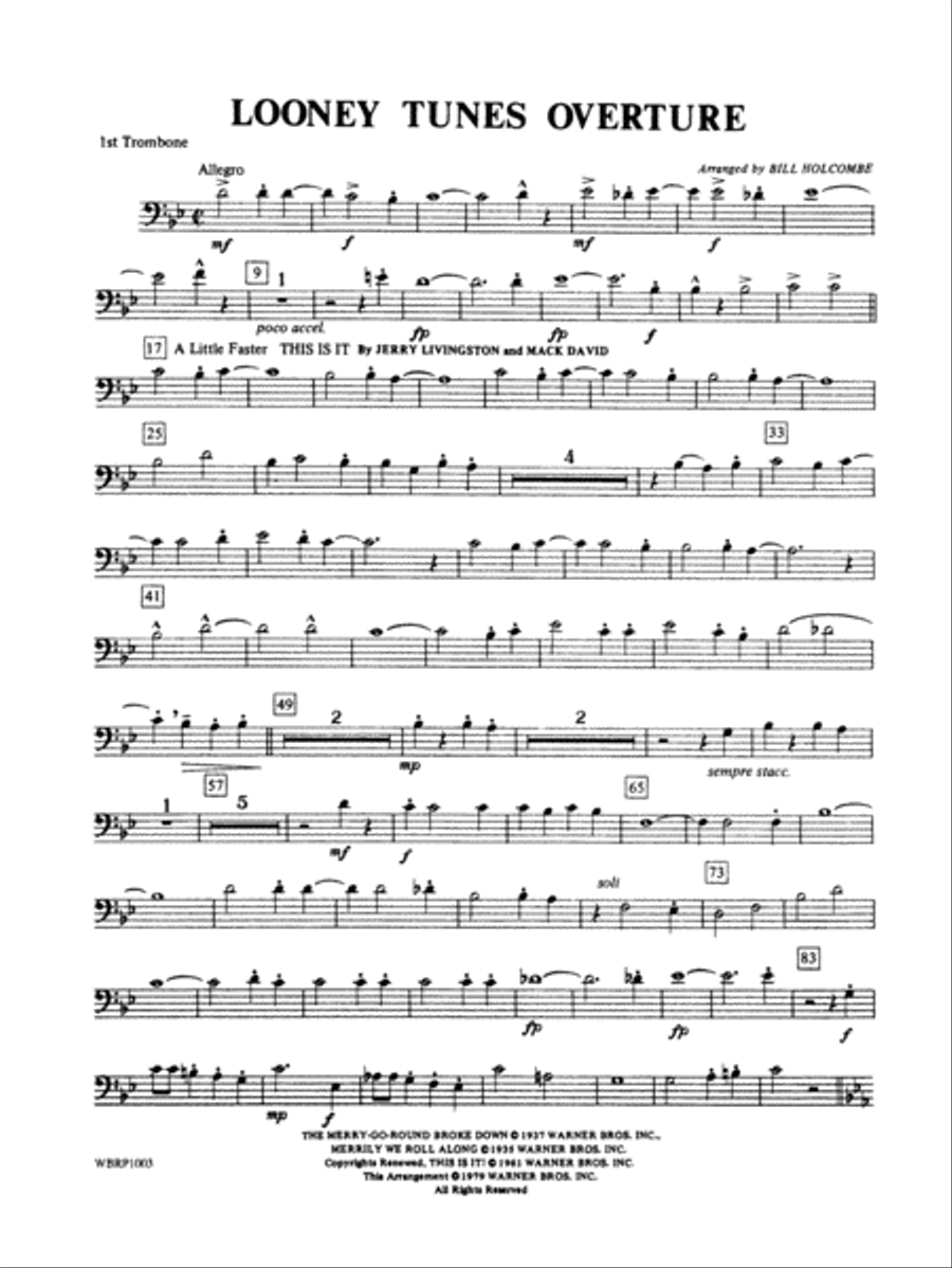 Looney Tunes Overture: 1st Trombone Concert Band scores gallery preview page 1