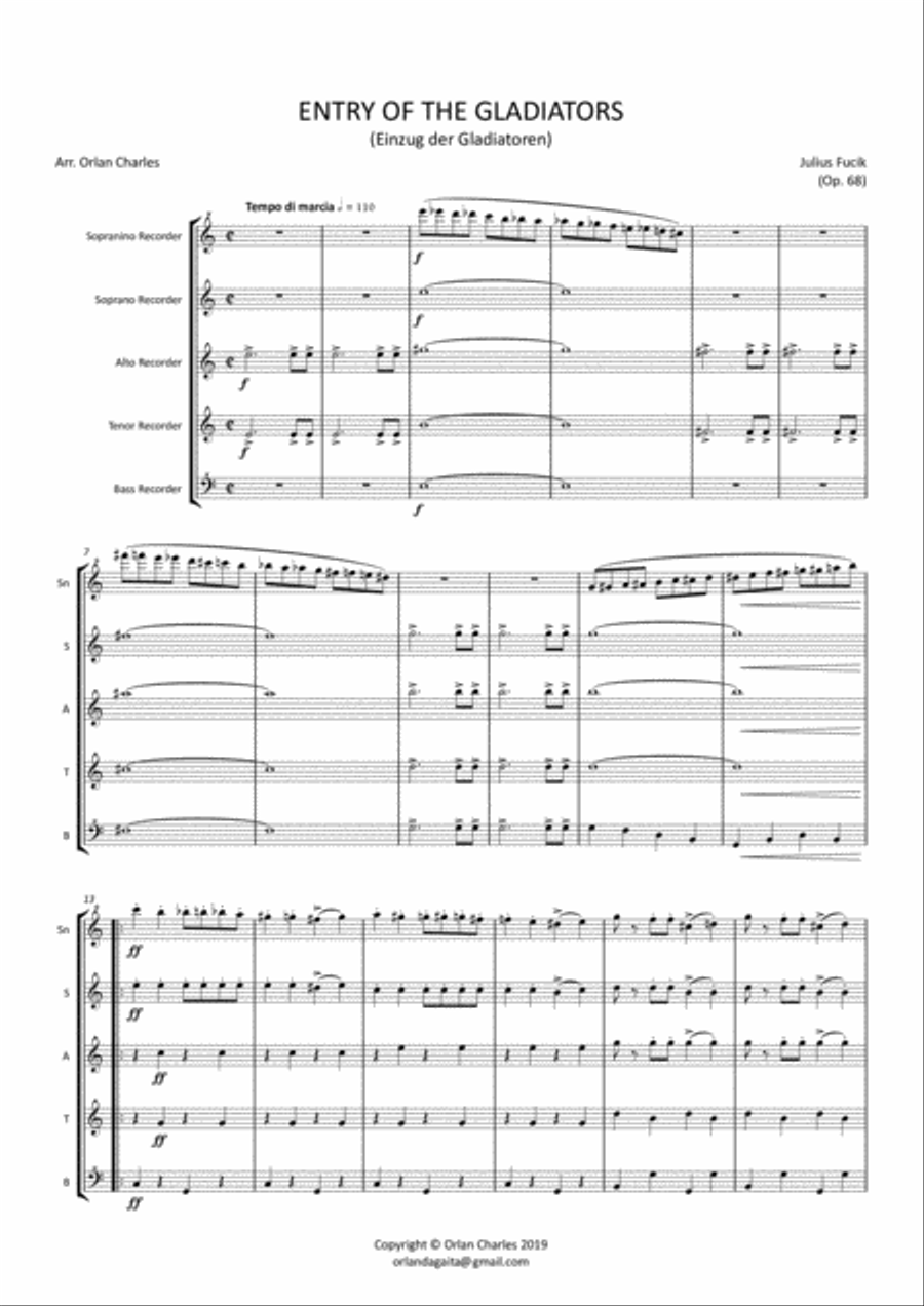 Julius Fucik - Entry of the Gladiators (circus music) - for recorder quintet Small Ensemble scores gallery preview page 3