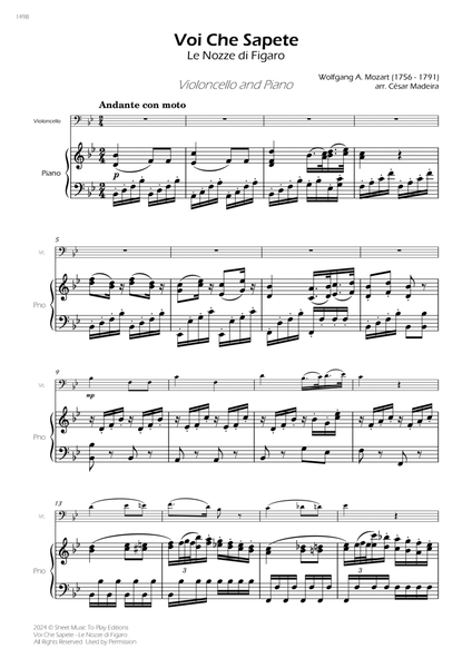 Voi Che Sapete from Le Nozze di Figaro - Cello and Piano (Full Score) image number null