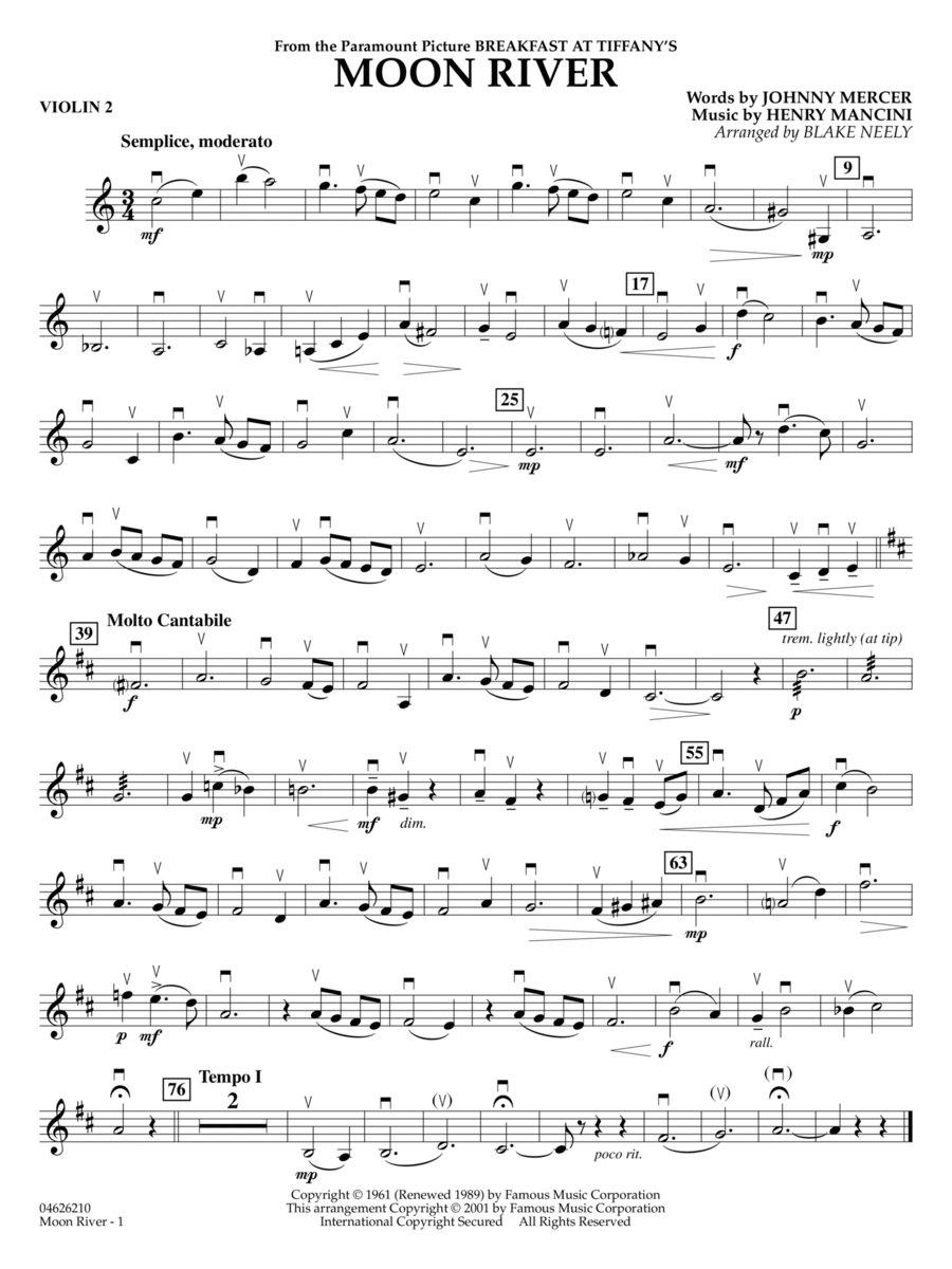 Moon River (from Breakfast at Tiffany's) (arr. Blake Neely) - Violin 2 String Orchestra scores gallery preview page 1