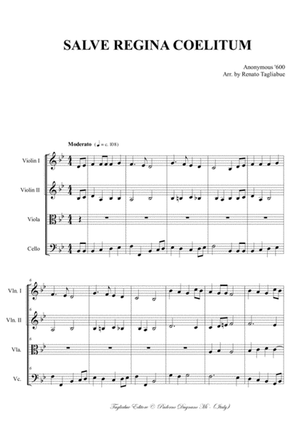 SALVE REGINA COELITUM - Arr. for String Quartet - With Parts image number null