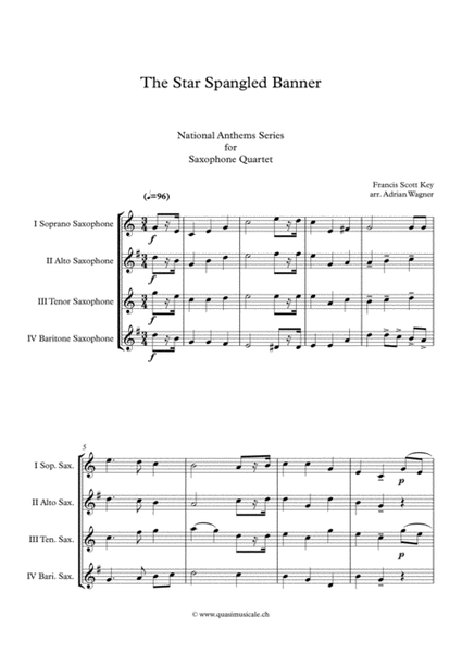 "The Star Spangled Banner" Saxophone Quartet (SATB) arr. Adrian Wagner image number null