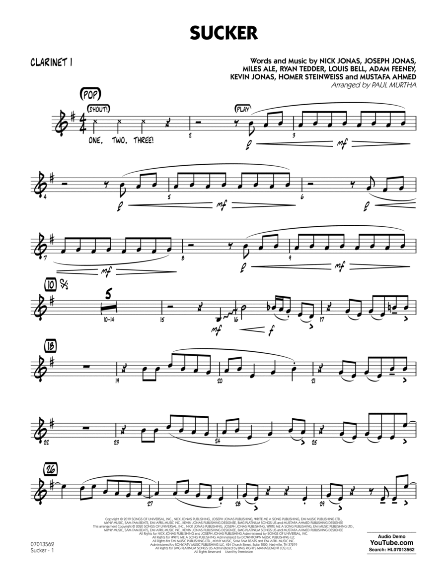 Sucker (arr. Paul Murtha) - Bb Clarinet 1