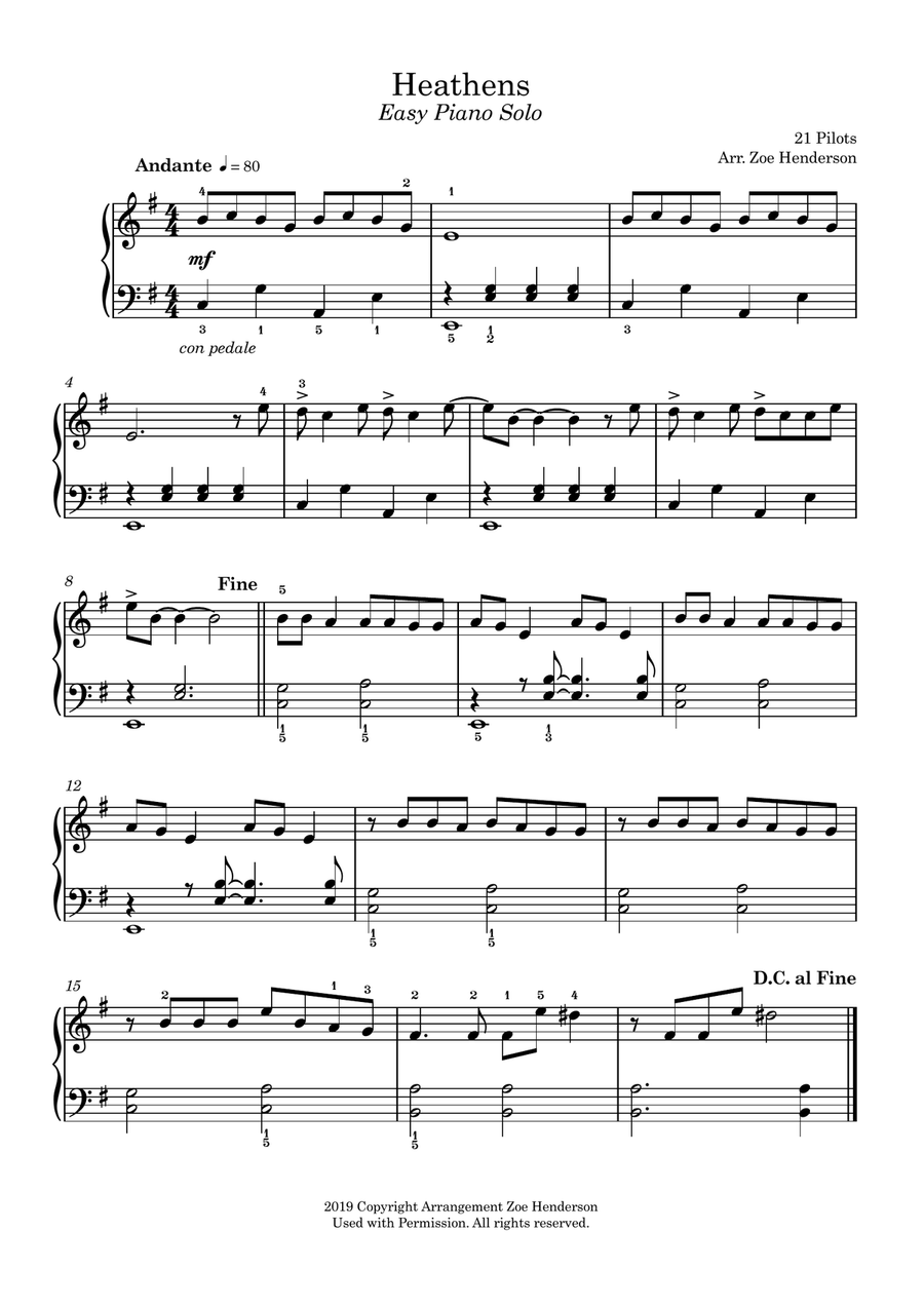 Heathens Easy Piano scores gallery preview page 1
