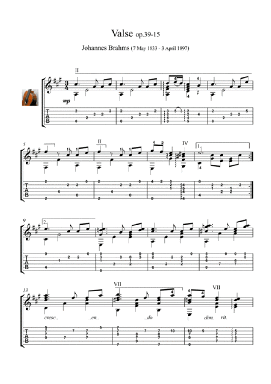 Brahms Guitar Valse Acoustic Guitar scores gallery preview page 1
