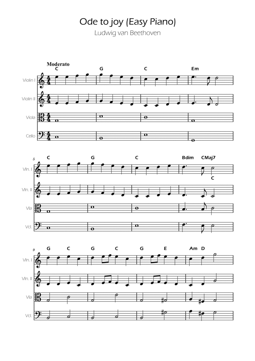 Ode To Joy - Easy String Quartet w/ Chords image number null