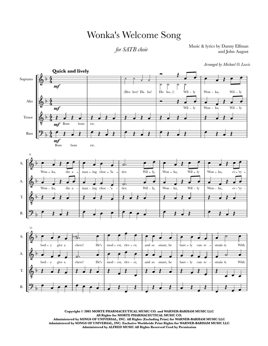 Wonka's Welcome Song 4-Part scores gallery preview page 1