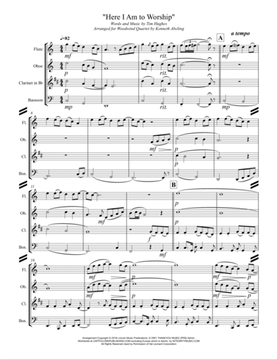 Here I Am To Worship Woodwind Quartet scores gallery preview page 2