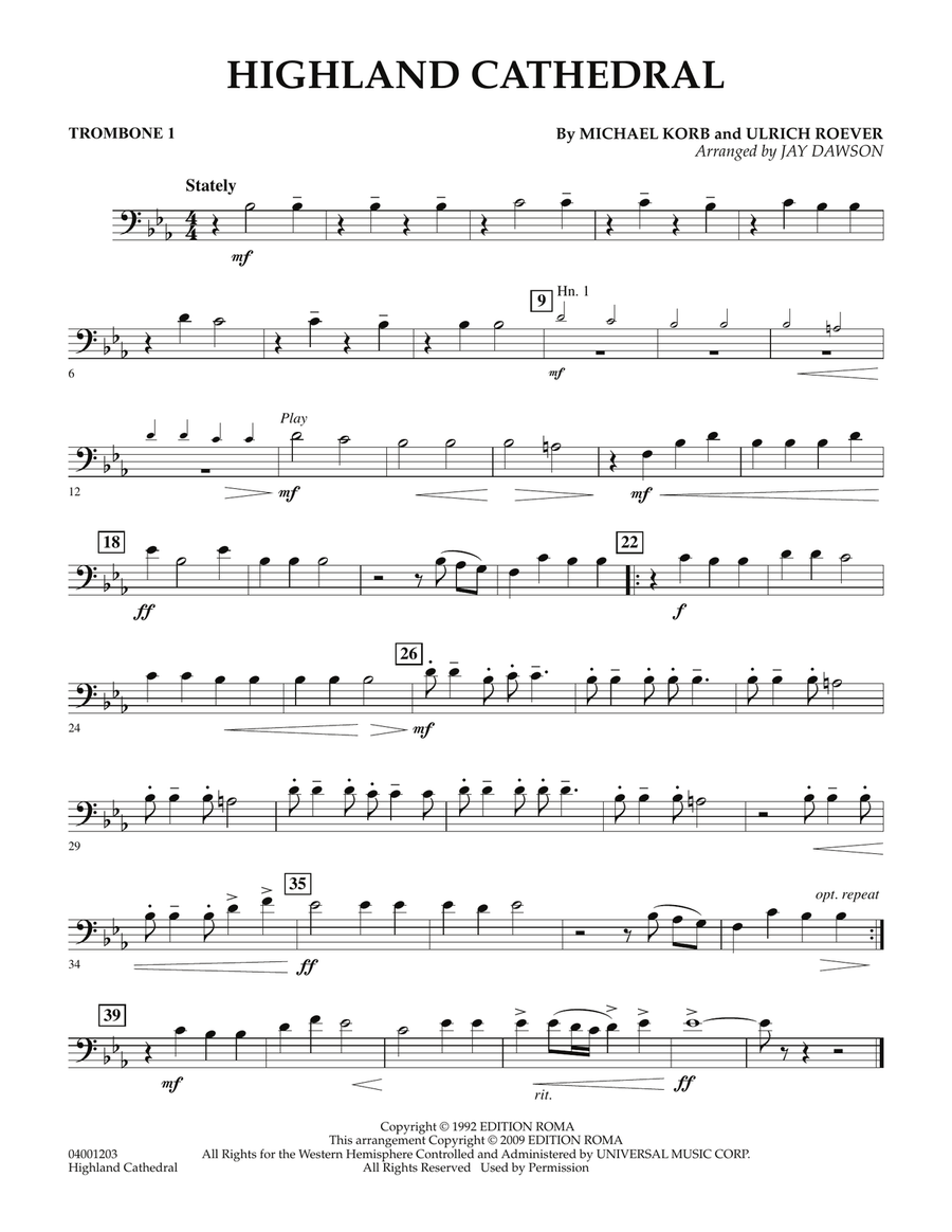 Highland Cathedral - Trombone 1 Concert Band scores gallery preview page 1