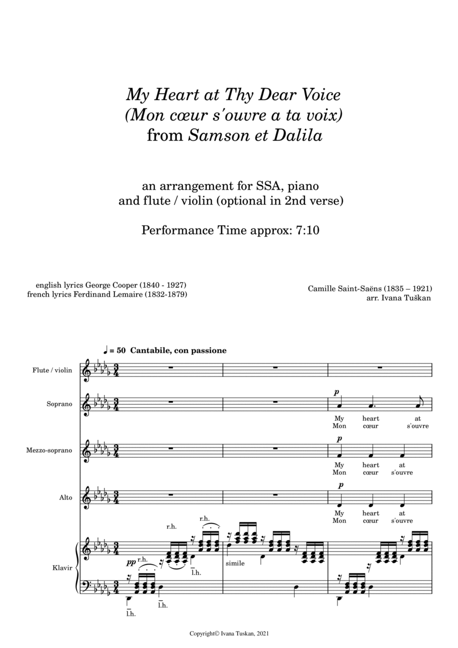 My Heart at Thy Dear Voice (Mon coeur) from Samson & Dalilah SSA, piano, flute or violin SSA scores gallery preview page 1