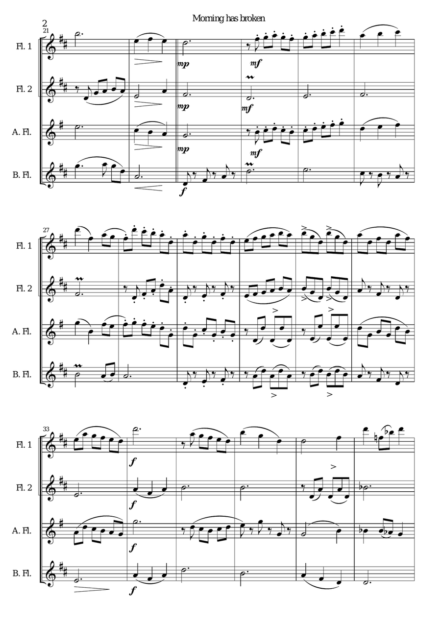 Variations on Morning has broken (Bunessan) for flute quartet Flute Quartet scores gallery preview page 2