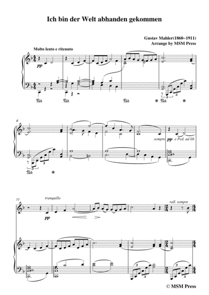 Mahler-Ich bin der Welt abhanden gekommen, for Violin and Piano image number null