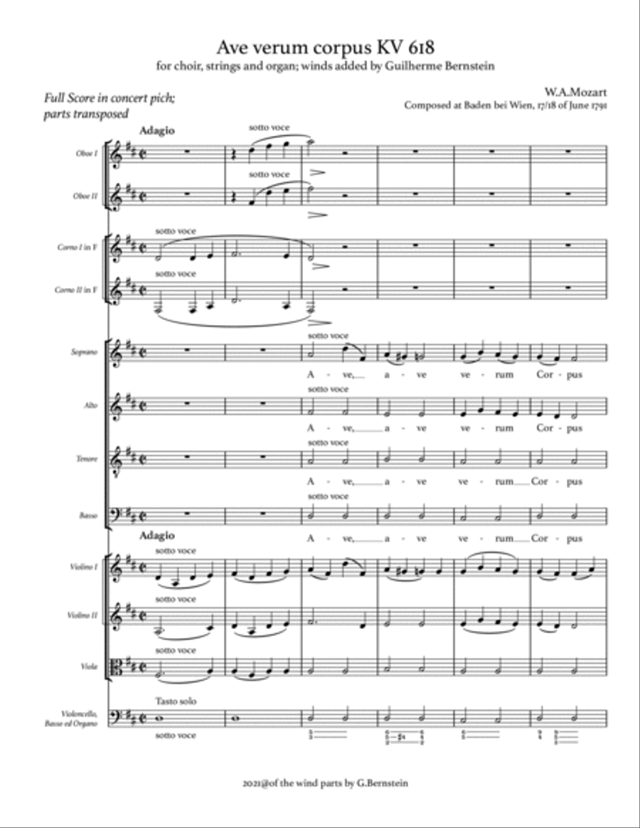 Mozart: Ave verum corpus - with added parts for horns and oboes/clarinets with full score 4-Part scores gallery preview page 3