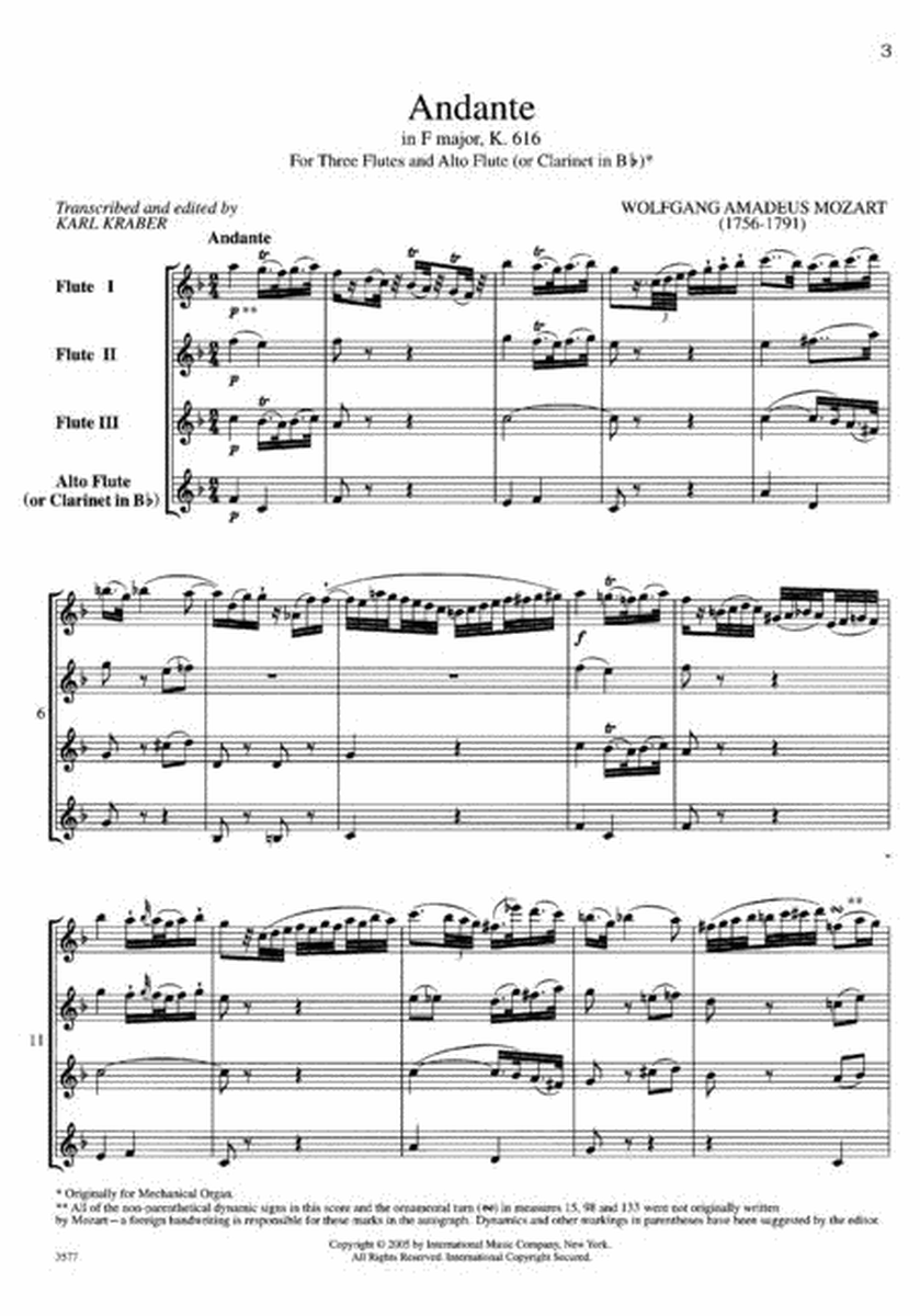 Andante in F major, K. 616 - Flute Quartet