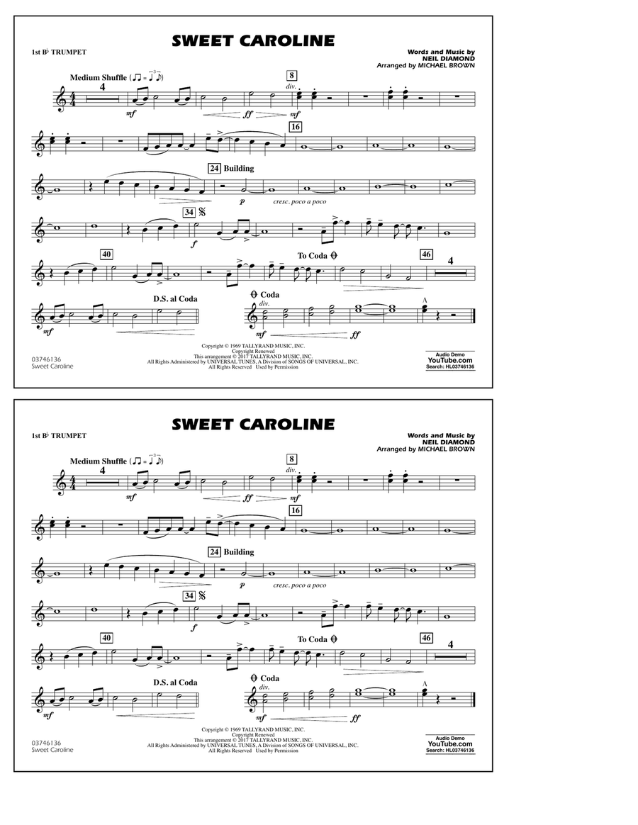 Sweet Caroline - 1st Bb Trumpet Marching Band scores gallery preview page 1