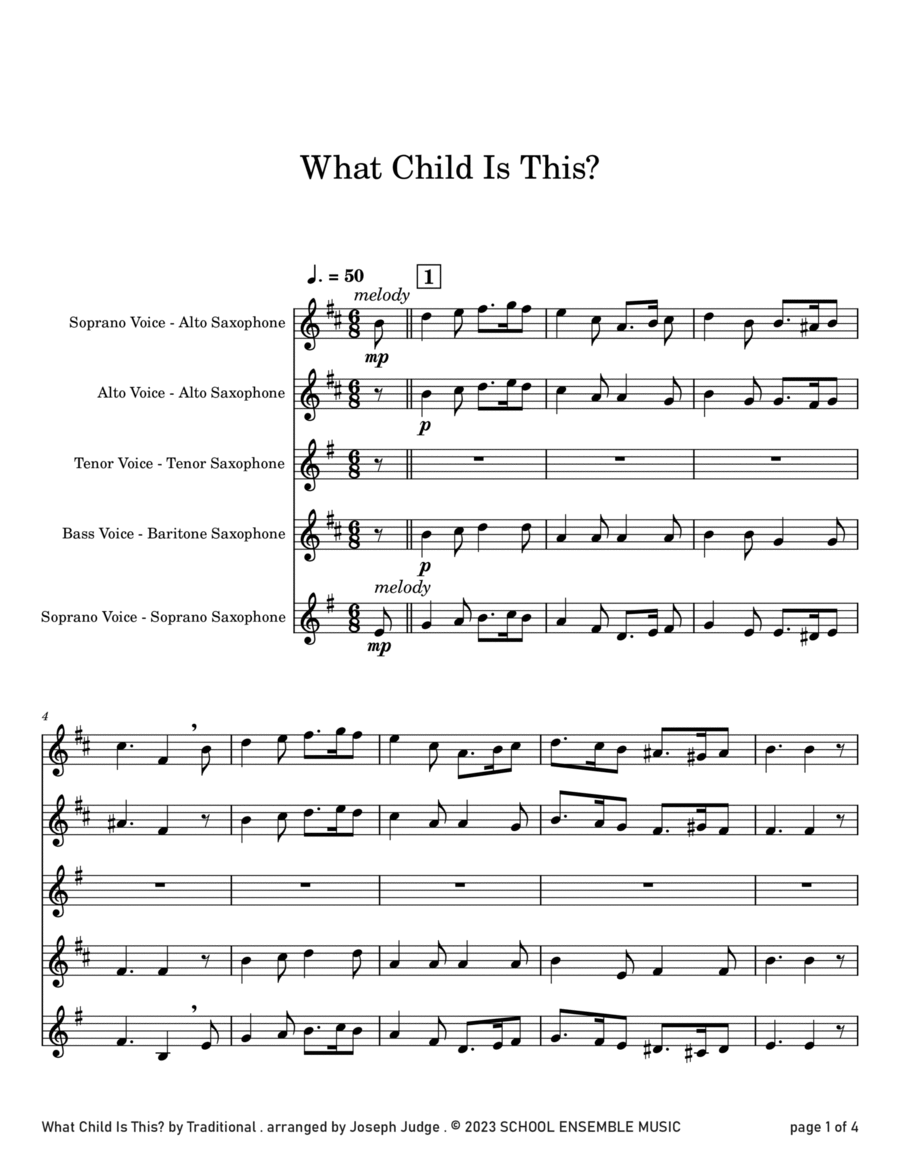 What Child Is This for Saxophone Quartet in Schools Saxophone Quartet scores gallery preview page 1