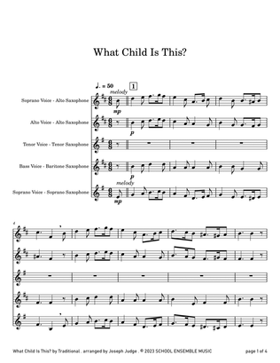 Book cover for What Child Is This for Saxophone Quartet in Schools