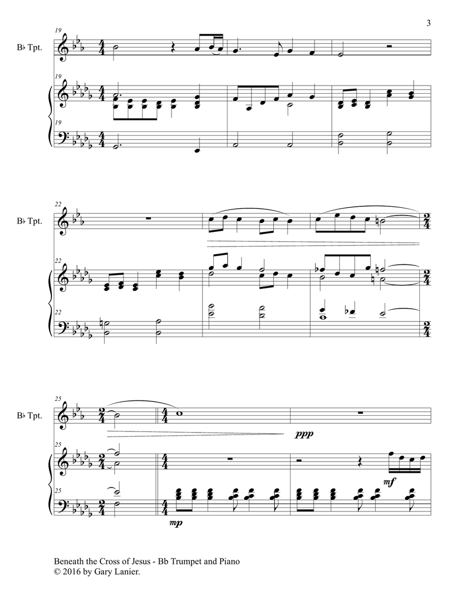Gary Lanier: BENEATH THE CROSS OF JESUS (Duet – Bb Trumpet & Piano with Parts) Trumpet Duet scores gallery preview page 4