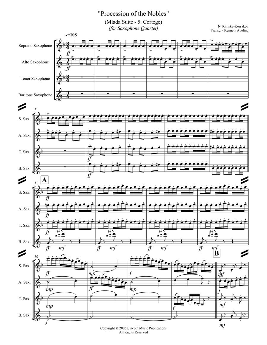 Procession of the Nobles from Mlada (for Saxophone Quartet SATB) Saxophone Quartet scores gallery preview page 2