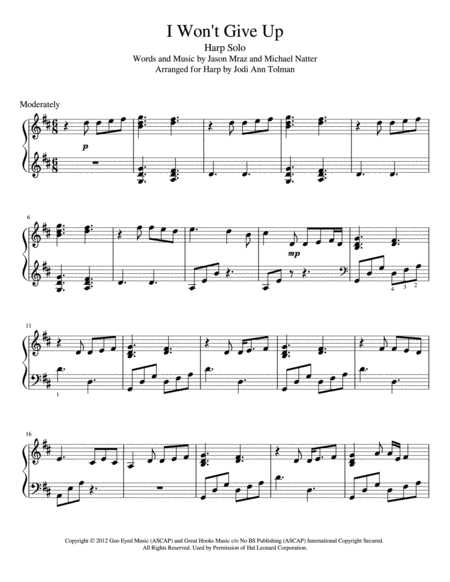 I Won't Give Up, Harp Solo (Key of D)