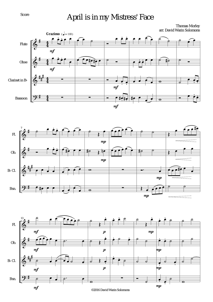 April is in my Mistress' Face for wind quartet Woodwind Quartet scores gallery preview page 1