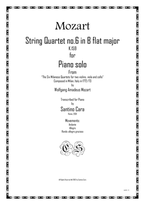 Book cover for Mozart – Complete String quartet no.6 in B flat K159 for piano solo