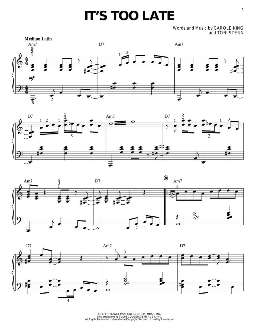 It's Too Late [Jazz version] (arr. Brent Edstrom) Piano Solo scores gallery preview page 1