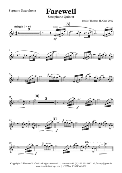 Farewell - Sad Ballad - Saxophone Quintet