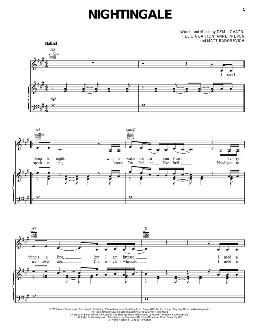 Nightingale Piano, Vocal, Guitar scores gallery preview page 1
