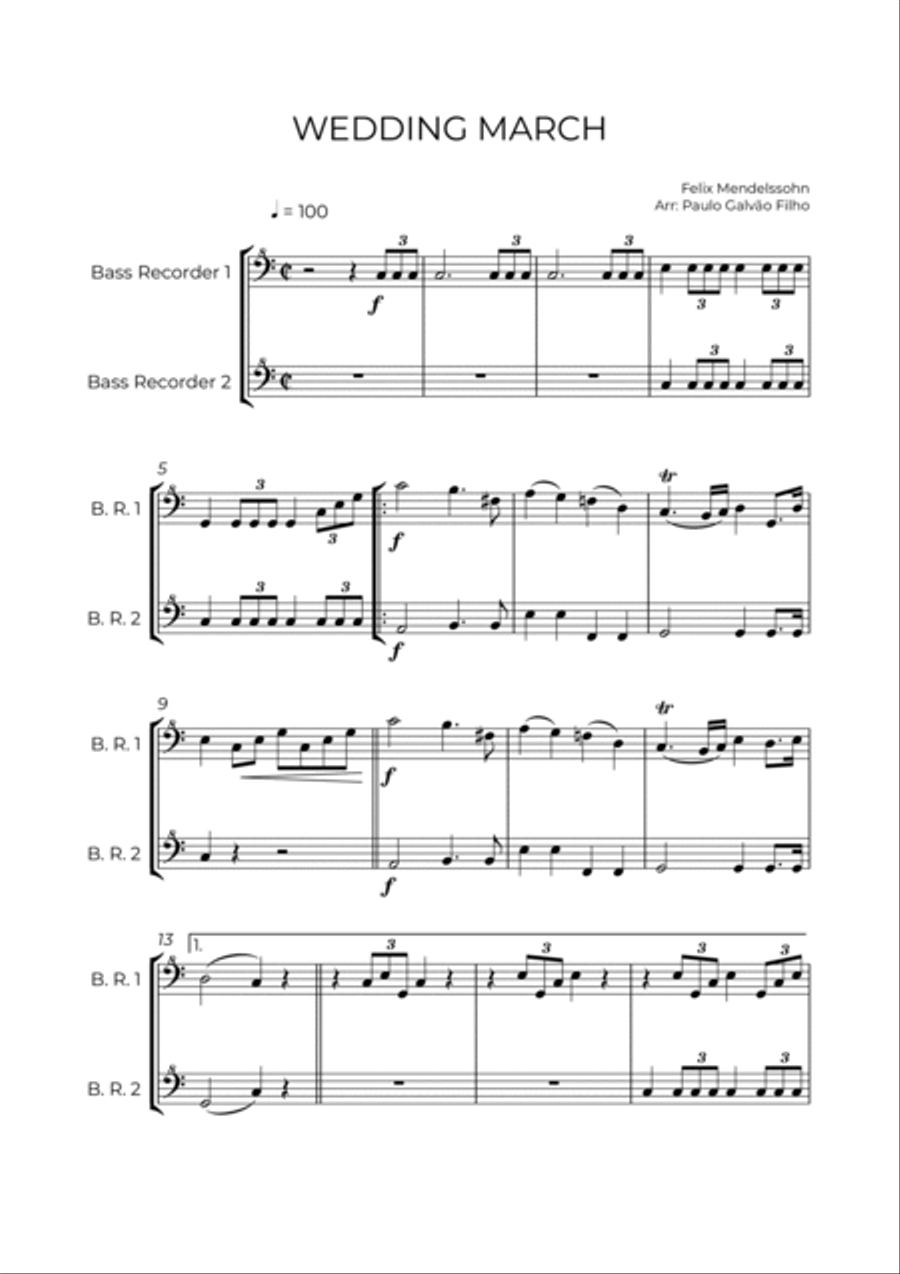 WEDDING MARCH - MENDELSSOHN – BASS RECORDER DUO Woodwind Duet scores gallery preview page 2