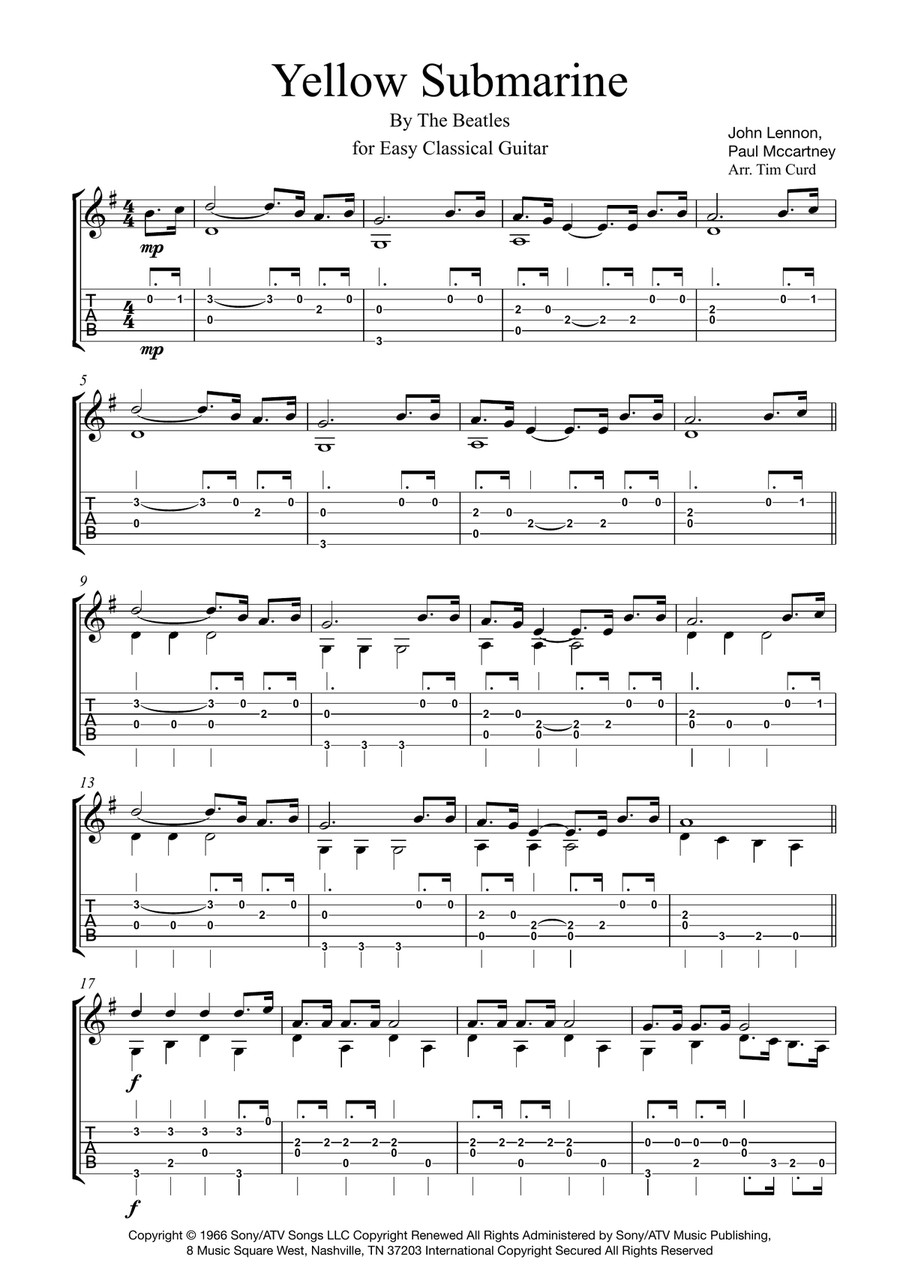 Yellow Submarine Guitar Tablature scores gallery preview page 1