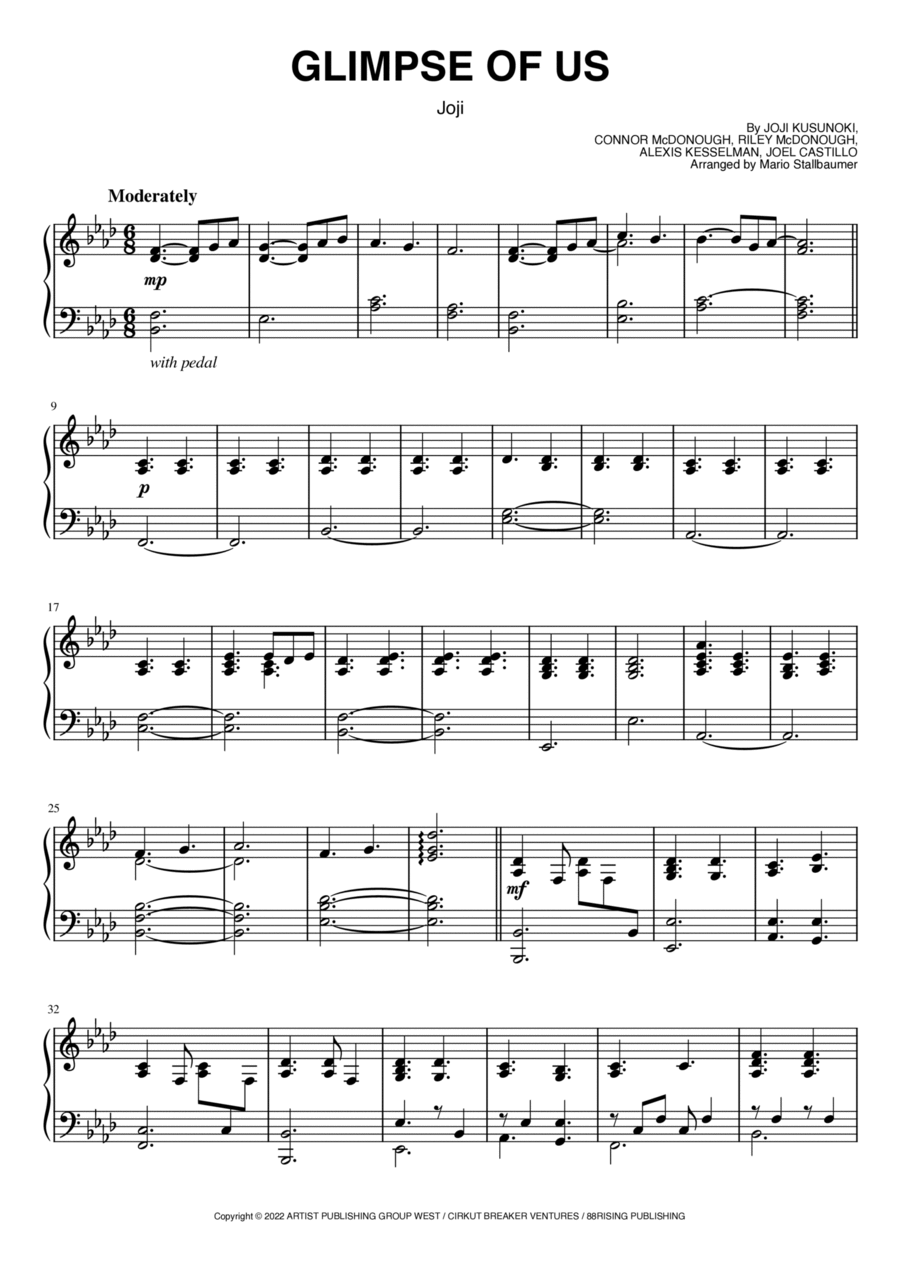 Glimpse Of Us Piano Solo scores gallery preview page 1