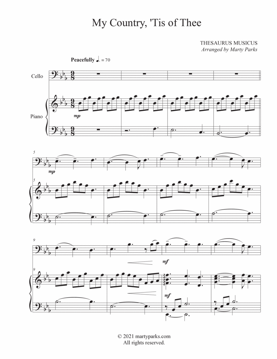 My Country, 'Tis of Thee (Cello-Piano) Piano scores gallery preview page 1